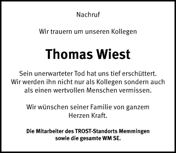 Traueranzeige von Thomas Wiest von Memminger Zeitung