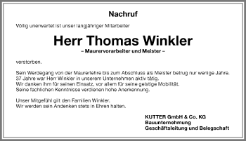 Traueranzeige von Thomas Winkler von Memminger Zeitung