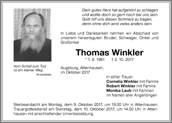 Traueranzeige von Thomas Winkler von Memminger Zeitung