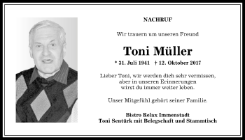 Traueranzeige von Toni Müller von Allgäuer Anzeigeblatt