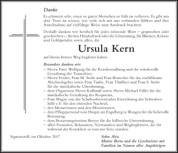 Traueranzeige von Ursula Kern von Der Westallgäuer