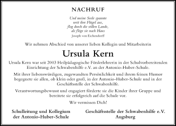 Traueranzeige von Ursula Kern von Der Westallgäuer
