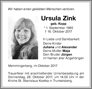 Traueranzeige von Ursula Zink von Memminger Zeitung