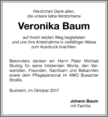 Traueranzeige von Veronika Baum von Memminger Zeitung