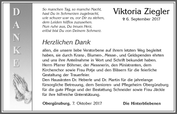 Traueranzeige von Viktoria Ziegler von Allgäuer Zeitung, Marktoberdorf