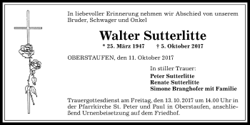 Traueranzeige von Walter Sutterlitte von Allgäuer Anzeigeblatt