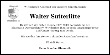 Traueranzeige von Walter Sutterlitte von Allgäuer Anzeigeblatt