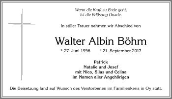 Traueranzeige von Walter Albin Böhm von Allgäuer Zeitung,Kempten