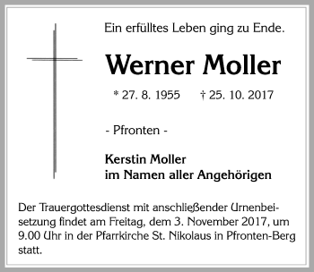 Traueranzeige von Werner Moller von Allgäuer Zeitung, Füssen