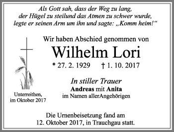 Traueranzeige von Wilhelm Lori von Allgäuer Zeitung, Füssen