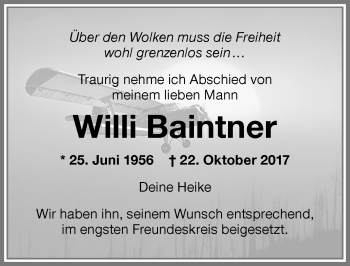 Traueranzeige von Willi Baintner von Memminger Zeitung