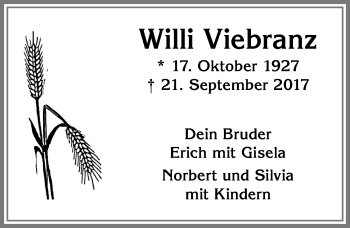 Traueranzeige von Willi Viebranz von Allgäuer Zeitung, Kaufbeuren/Buchloe