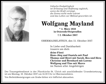 Traueranzeige von Wolfgang Mayland von Allgäuer Anzeigeblatt