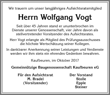 Traueranzeige von Wolfgang Vogt von Allgäuer Zeitung, Kaufbeuren/Buchloe