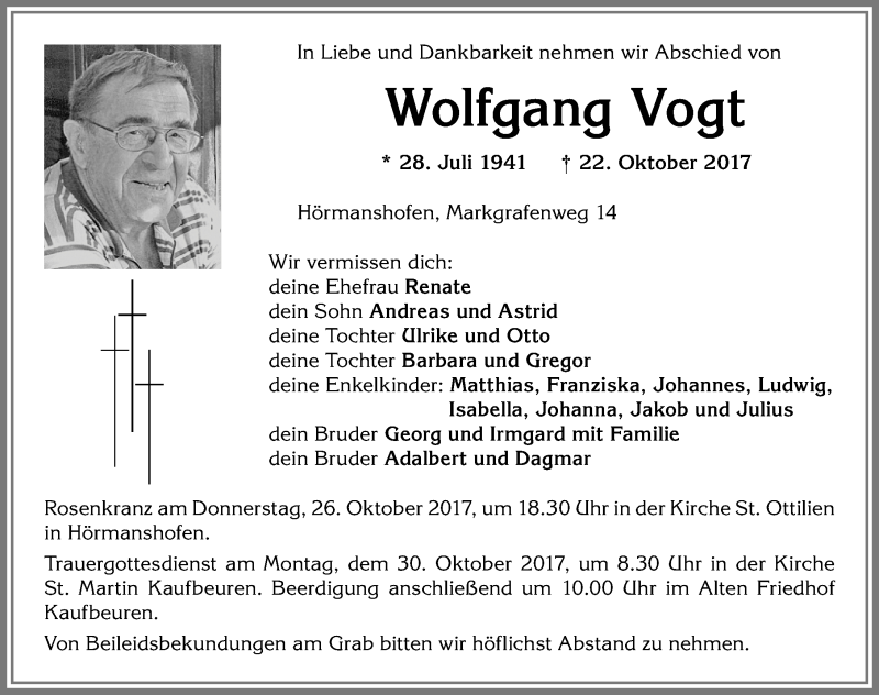  Traueranzeige für Wolfgang Vogt vom 25.10.2017 aus Allgäuer Zeitung