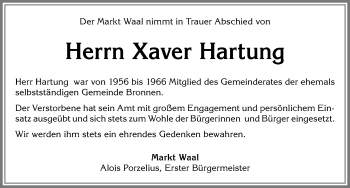 Traueranzeige von Xaver Hartung von Allgäuer Zeitung, Kaufbeuren/Buchloe