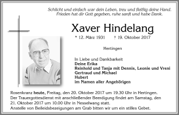 Traueranzeige von Xaver Hindelang von Allgäuer Zeitung, Füssen