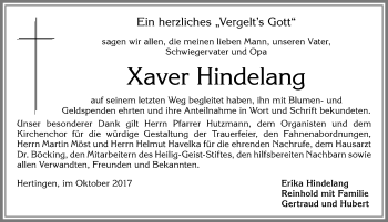 Traueranzeige von Xaver Hindelang von Allgäuer Zeitung, Füssen