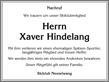 Traueranzeige von Xaver Hindelang von Allgäuer Zeitung, Füssen