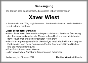 Traueranzeige von Xaver Wiest von Memminger Zeitung