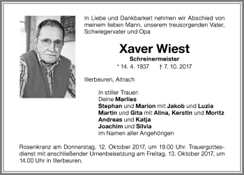 Traueranzeige von Xaver Wiest von Memminger Zeitung