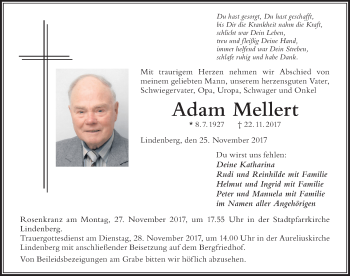 Traueranzeige von Adam Mellert von Der Westallgäuer