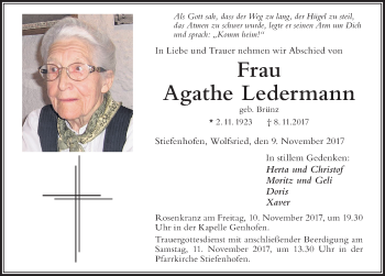 Traueranzeige von Agathe Ledermann von Der Westallgäuer