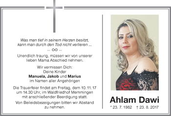 Traueranzeige von Ahlam Dawi von Memminger Zeitung