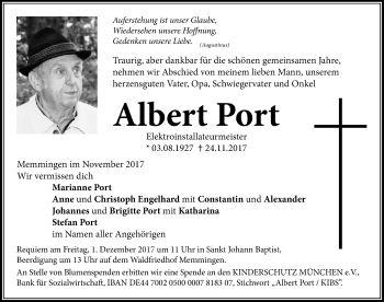 Traueranzeige von Albert Port von Memminger Zeitung