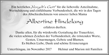 Traueranzeige von Albertine Hindelang von Allgäuer Zeitung, Marktoberdorf