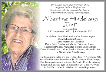 Traueranzeige von Albertine Hindelang von Allgäuer Zeitung, Marktoberdorf
