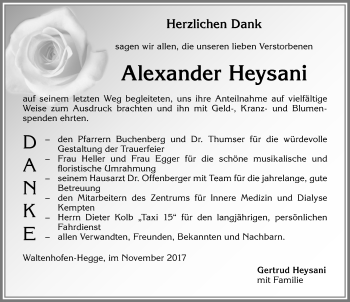Traueranzeige von Alexander Heysani von Allgäuer Zeitung,Kempten