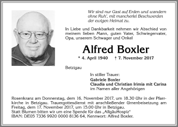 Traueranzeige von Alfred Boxler von Allgäuer Zeitung,Kempten