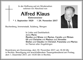 Traueranzeige von Alfred Klaus von Allgäuer Zeitung,Kempten