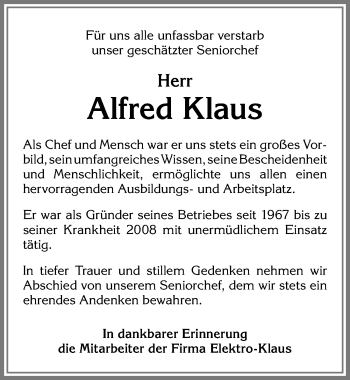 Traueranzeige von Alfred Klaus von Allgäuer Zeitung,Kempten