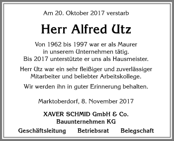 Traueranzeige von Alfred Utz von Allgäuer Zeitung, Marktoberdorf