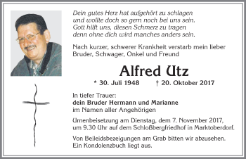 Traueranzeige von Alfred Utz von Allgäuer Zeitung, Marktoberdorf