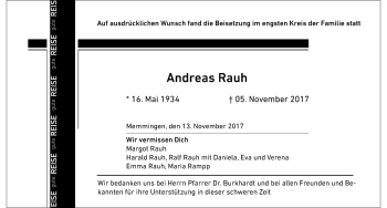 Traueranzeige von Andreas Rauh von Memminger Zeitung