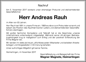 Traueranzeige von Andreas Rauh von Memminger Zeitung