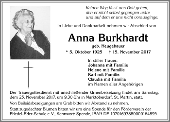 Traueranzeige von Anna Burkhardt von Allgäuer Zeitung, Marktoberdorf