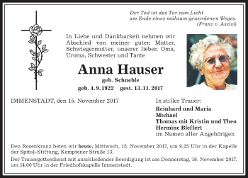 Traueranzeige von Anna Hauser von Allgäuer Anzeigeblatt