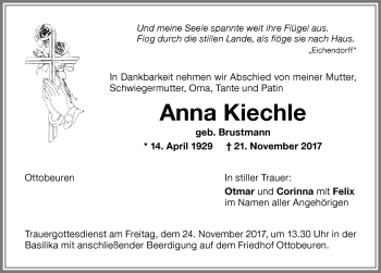 Traueranzeige von Anna Kiechle von Memminger Zeitung