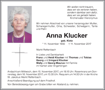 Traueranzeige von Anna Klucker von Memminger Zeitung