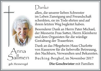 Traueranzeige von Anna Sallmen von Allgäuer Zeitung, Füssen