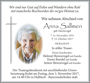 Traueranzeige von Anna Sallmen von Allgäuer Zeitung, Füssen