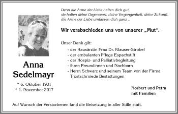 Traueranzeige von Anna Sedelmayr von Allgäuer Zeitung, Kaufbeuren/Buchloe