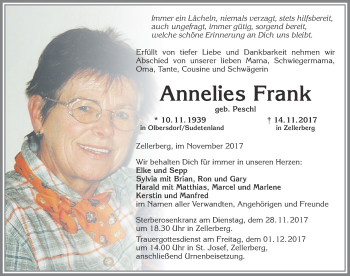 Traueranzeige von Annelies Frank von Allgäuer Zeitung, Kaufbeuren/Buchloe
