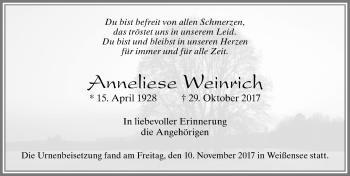 Traueranzeige von Anneliese Weinrich von Allgäuer Zeitung, Füssen