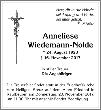 Traueranzeige von Anneliese Wiedemann-Nolde von Allgäuer Zeitung, Kaufbeuren/Buchloe