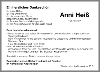 Traueranzeige von Anni Heiß von Memminger Zeitung
